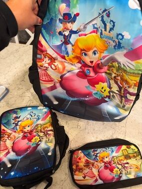 Super Mario Princess Peach Backpack + Lunchbox + Pencil Case - Pink & Black